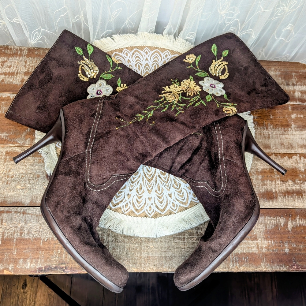 "Splash" Brown Embellished & Embroidered Floral Heeled Boots - Picture 11 of 12